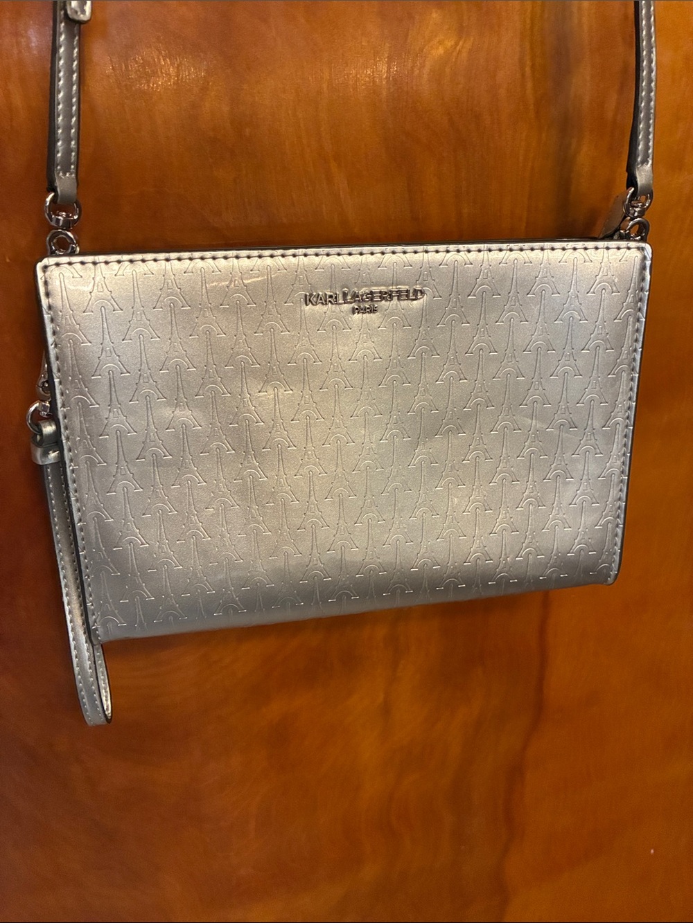 KARL LAGERFELD. Metallic Silver Embossed Wristlet Crossbody. BEAUTIFUL. NWOT